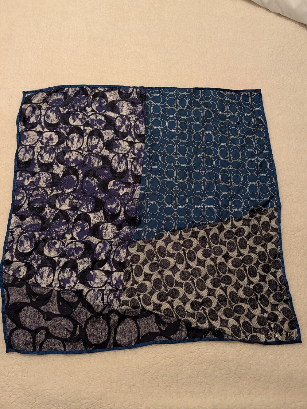Coach Crystal Logo Patchwork Patterned Square Scarf Multi-Print  Blue Black VGUC - Picture 11 of 11